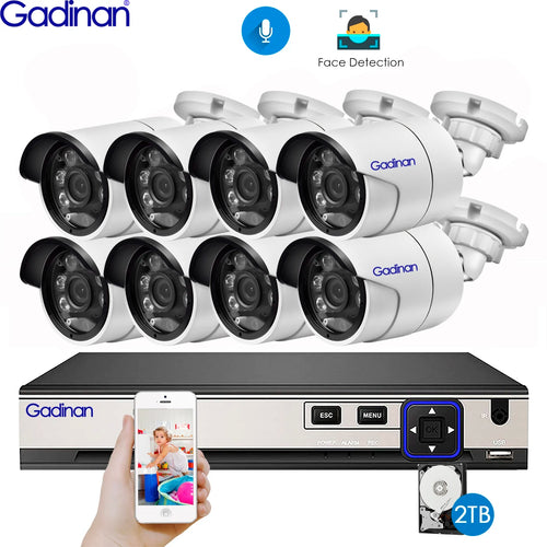 Gadinan H.265+ 8-Kanal 5MP POE NVR Kit Sicherheits-Gesichtserkennung CCTV System Audio AI 5MP IP-Kamera Outdoor P2P Videoüberwachungs-Set