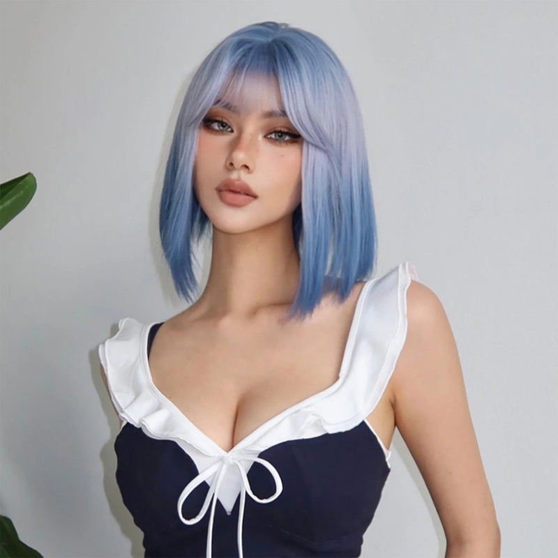 Blue Purple Ombre Cosplay Synthetic Wigs Short Bob Straight Lolita Halloween Hair Wig with Bangs for Women Afro Heat Resistant