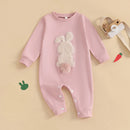Lioraitiin Baby Girls Boys Easter Rompers Plush Bunny Embroidery Fur Ball Design Crew Neck Long Sleeve Spring Infant Jumpsuit