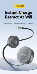 Essager 15W 3 in 1 Magnetic Wireless Charger With 96cm Retractable Type-C Cable For iPhone 16 15 14 13 Pro Max Airpods Watches