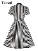 Tonval Fliege Hals Grün Gestreiftes Vintage Kleid Durchgeknöpft Elegante Kleider für Damen Baumwolle Retro Kleidung Taschen Sommerkleid