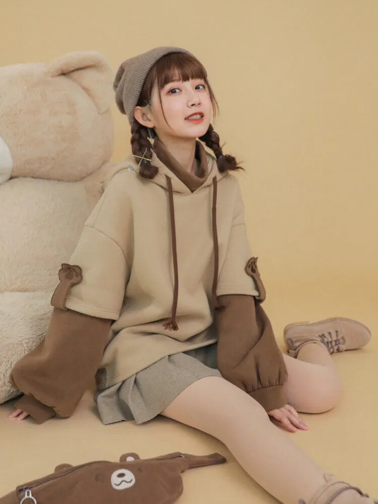 2XL Kawaii Hoodie Harajuku Bear Hooded Sweatshirt Women Korean Long Sleeve Oversized Hoodies Sweet Y2K Warm Winter Anime Hoodie