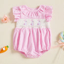 0-18M Baby Girl Easter Romper Short Sleeve Ruffle Collar Bunny Embroidery Smocked Bodysuit Newborn Outfit