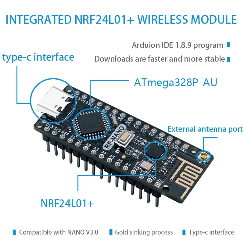 RF-Nano Compatible Arduino Nano V3.0 Type-C Integrated NRF24L01 Wireless CC2540 Bluetooth Development Board