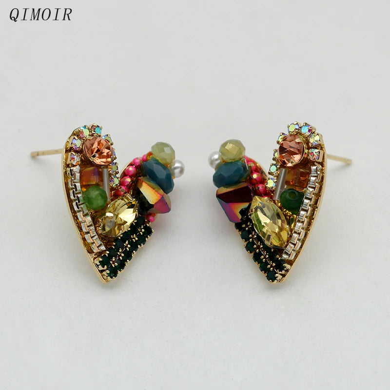 Multi Color Heart Earrings For Women Copper Glass Beads Cluster Metal Post Studs Fashion New Style Jewelry Girl Party Gift C1220