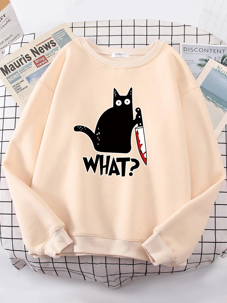 Kitchen Knife Black Cat Wha? Women Sweatshirt Harajuku Casual Hoody Fashion Loose Hoodie Soft Warm vintage Fleece Female Tops