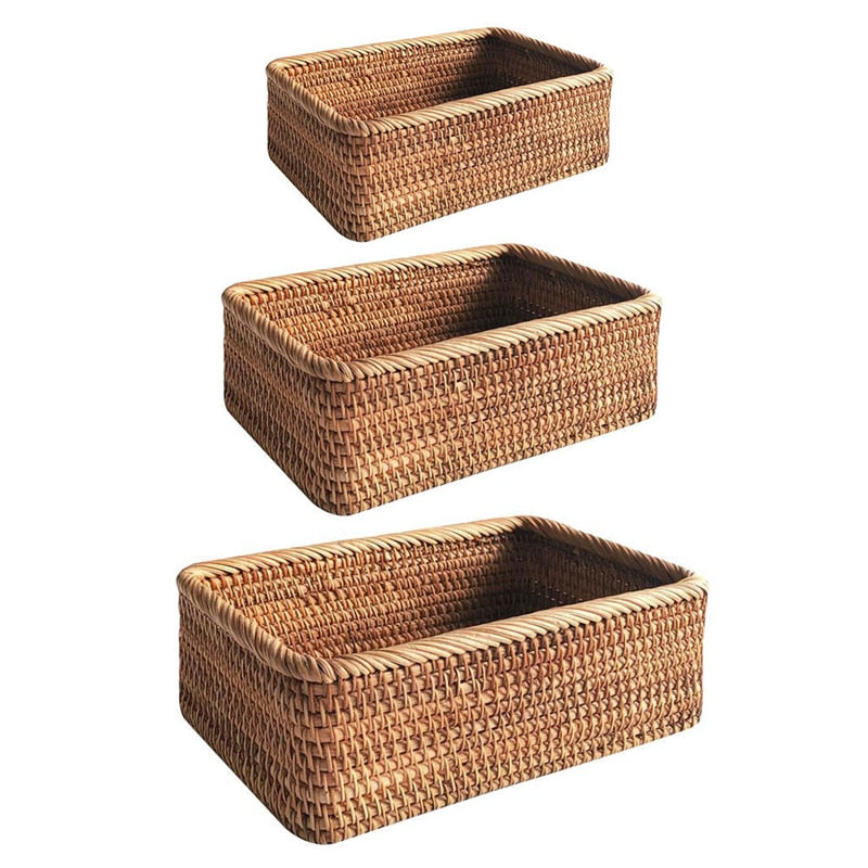 Hand-woven Rattan Wicker Basket Fruit Tea Snack Bread Basket Cosmetic Rectangular Storage Box Household Kitchen Supplies