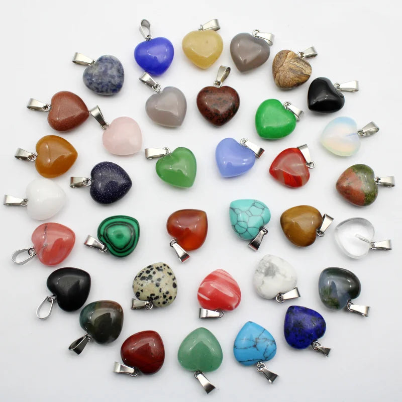 Natural Stone 16mm Heart Pendant Amethyst Opal Necklace Pendant for DIY Making Jewelry Accessories Wholesale 15 Pieces