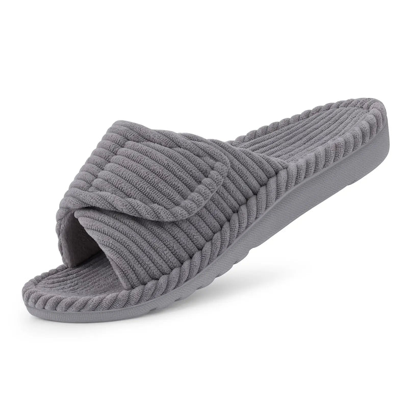 Comwarm Orthopedic House Slippers For Women Adjustable Indoor Slippers Fashion Open Toe Corduroy Bedroom Slides Fur Cotton Shoes