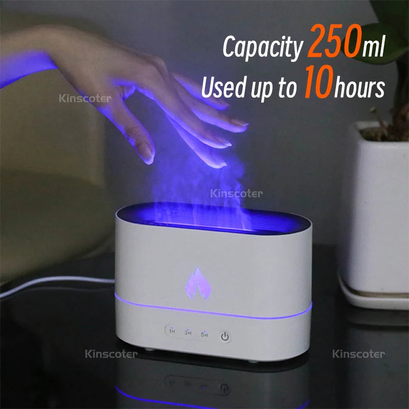 250ml Flame Humidifier 1/3/5H USB Smart Timing LED Electric  Aroma Diffuser Simulation Fire Night Lamp