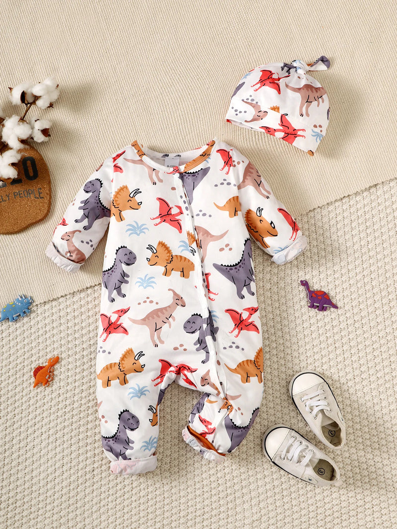 Cute Dinosaur Print Baby Boys Bodysuit, Infant Zipper Long Sleeve Romper