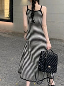 Summer Slimming High Waist V-Ne Wrap Body Lazy Sle Bla Stripe Knitted ter Dr Women Long Dr Trendy