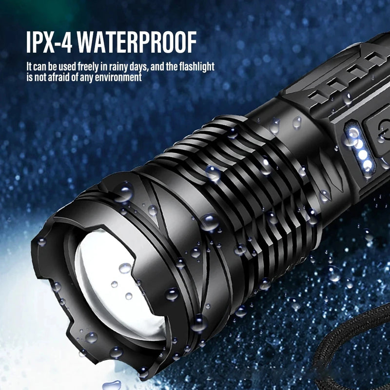 Powerful XHP50 LED Flashlight Waterproof 18650 Torch With Side Light 7 Modes Camping Fishing Lantern USB Rechargeable Zoom Lamp