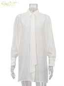 Clacive Fashion Loose White Women Blouse 2025 Casual Lapel Long Sleeve Shirt Elegant Classic Tie See Through Top Female Clothing