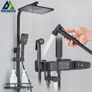 Rozin Black Smart Thermostatic Shower Faucet Set Bathroom Intelligent Rainfall Digital Mixer Tap With Rack and Bidet Bath System