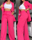 New Arrivals Temperament Spring Women's Clothing Pure Color Elegant Long-Sleeved Lapel Suit Pocket Straight-Leg Pants Suit