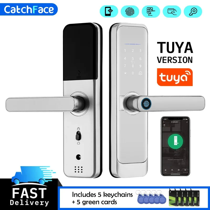 Tuya Silver Smart Door Lock Portuguese Voice Safe Digital Electronic Lock Bluetooth APP Fingerprint Password RFID Unlock