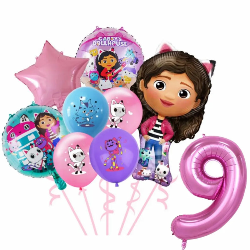 New Gabby Dollhouse Cats Birthday Party Decoration Balloon Pink Cartoon Tableware Backdrop Baby Shower Kids Girls Party Supplies