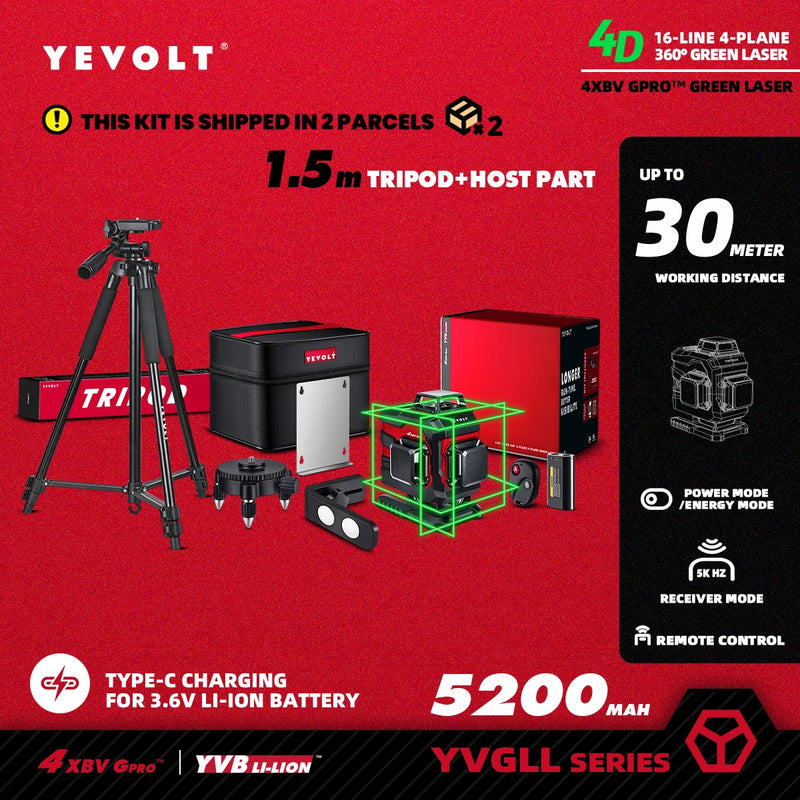 YEVOLT Laser Level Green Beam 4-Plane 16-Line Self-leveling 360 3D Ground-Hugging Horizontal & Vertical Tile Measuring Tools