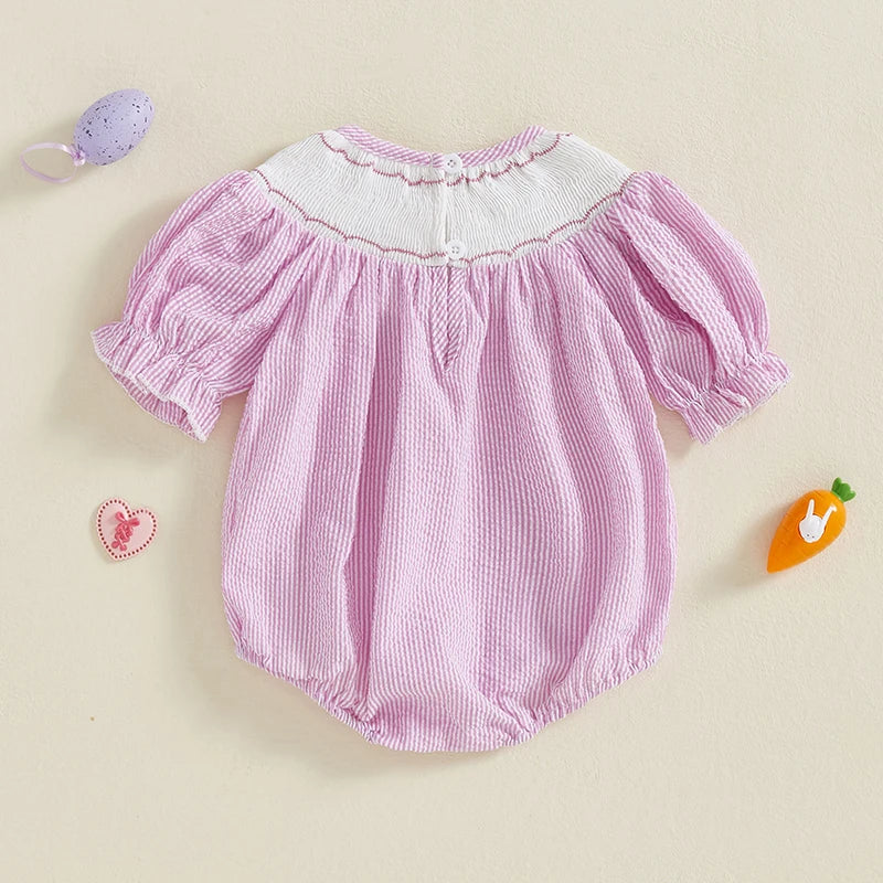 Toddler Girls Easter Outfit Bunny Embroidered Striped Short Sleeve Romper Jumpsuit Summer Clothing for Baby Girls