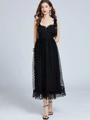 Elegant Black Long Dress Summer Women Mesh Tulle Polka Dots Lace Party Dresses Ladies Slim A-line Vintage Maxi Dress Vestidos