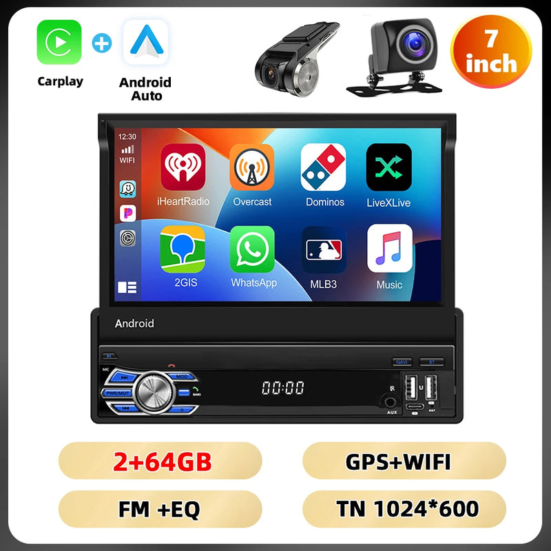 Podofo 4Core 1Din Android Car Stereo 7 ''Retractable Screen Car Radio Carplay Android 2 + 64G Mirror Link GPS WIFI Car Audio