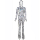 VEITCHE Women's Summer Outfit Casual Leopard Print Long Pant Suit Slim Hoodie Zipper Top High Waist Trousers Set Street Style
