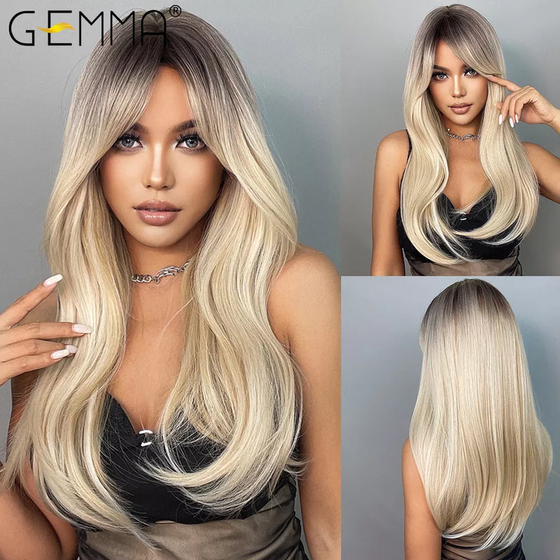 GEMMA Ombre Brown Blonde Long Straight Synthetic Wigs with Bangs Cosplay Wig for Women High Temperature Natural Fake Hair