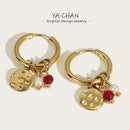 YACHAN 18K Gold Plated Stainless Steel Hoop Earrings for Women Metal Irregular Texture Natural Stone Charms Trendy Jewelry