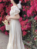 Elegant Women's Square Neck White Dress Summer French Fashion Bubble Sleeves with Ruffle Edge Women Unique Retro Long Dress New