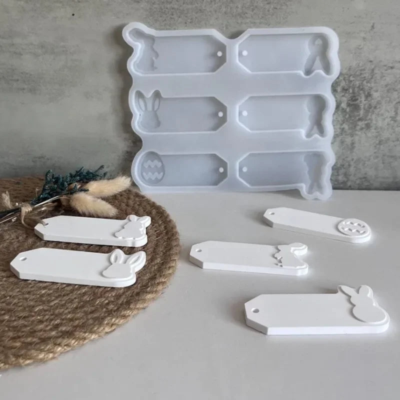6 in 1 Easter Rabbit Egg Pendant Silicone Mold Easter Hanging Label Casting Molds Bunny Aromatherapy Plaster Hanging Tag Mold