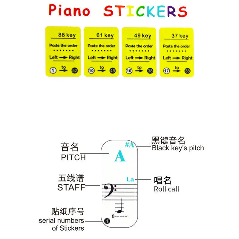 49/54/61/88 color Transparent Piano Keyboard Stickers Electronic Keyboard Key Piano Stave Note Sticker Symbol for White Keys