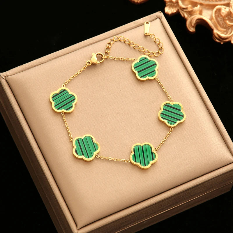 GANEMLY 316L Stainless Steel Golden Plum Blossom Plant Five Leaf Flower Set Necklace Earrings Bracelet Women Clover Jewelry Gift