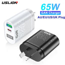 USLION AU EU US UK Stecker 65W GaN Ladegerät Tablet Laptop Schnellladegerät USB Typ C Quick Charger Handy-Ladegerät für iPhone POCO
