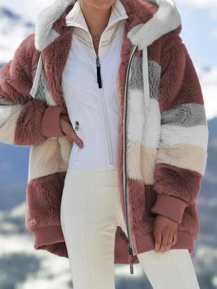 Women Fleece Hooded Coat Jacket 2023 Fashion Faux Fur Zip Up Outwear Elegant Warm Thick Plush Winter Jackets Female Clothes
