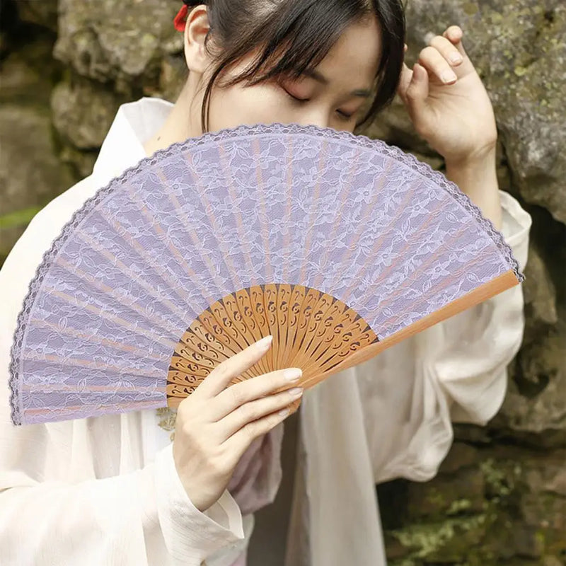 Silk Cloth Blank Chinese Folding Fan Wooden Bamboo Elegant Lace Fabric Fan Folding Fan Curved Blade Fan Home Decor Wedding Fan