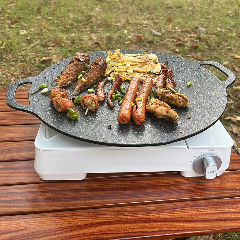 Smokeless BBQ Grill Pan Camping Cookware Round Pan Outdoor Griddle Frying Baking Pan Non-stick Barbecue Plate Cool Camping Gear