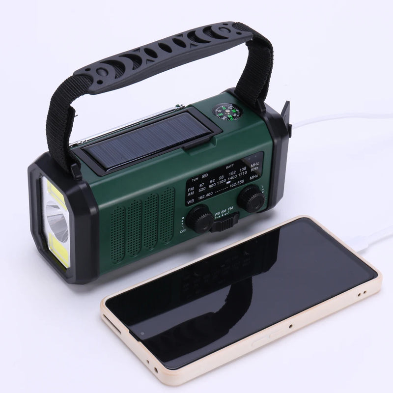 AM/FM/NOAA Weather Pocket Flashlight Radio SOS LED Emergency Radio Solar Hand Crank Powered Wind Up Phone Charger Bank
