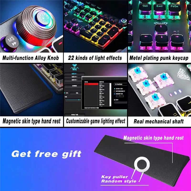 AULA F2088 Mechanical Gaming Full Key Programmable Macro Keyboard Anti-ghosting Switch Wire Mixed Light Korea Russian Arabic cap