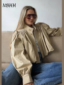 Fashion Stand Collar Short Jacket Women Long Puff Sleeve Single-breasted Pleated Women's Coat 2025 Autumn Lady Outwears Street