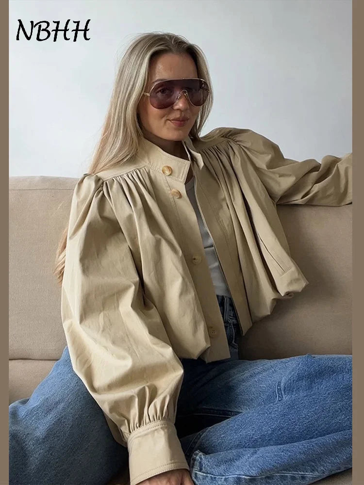 Fashion Stand Collar Short Jacket Women Long Puff Sleeve Single-breasted Pleated Women's Coat 2025 Autumn Lady Outwears Street