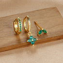 3PCS Stainless Steel Gold Color Four Flower Hoop Earrings Set for Women Elegant Zircon Pendant Huggies Piercing Trendy Jewelry