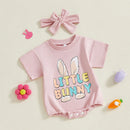 Adorable Toddler Easter Bunny Romper Set with Matching Headband - Cute Short Sleeve Letter Print Jumpsuit for Baby Girl