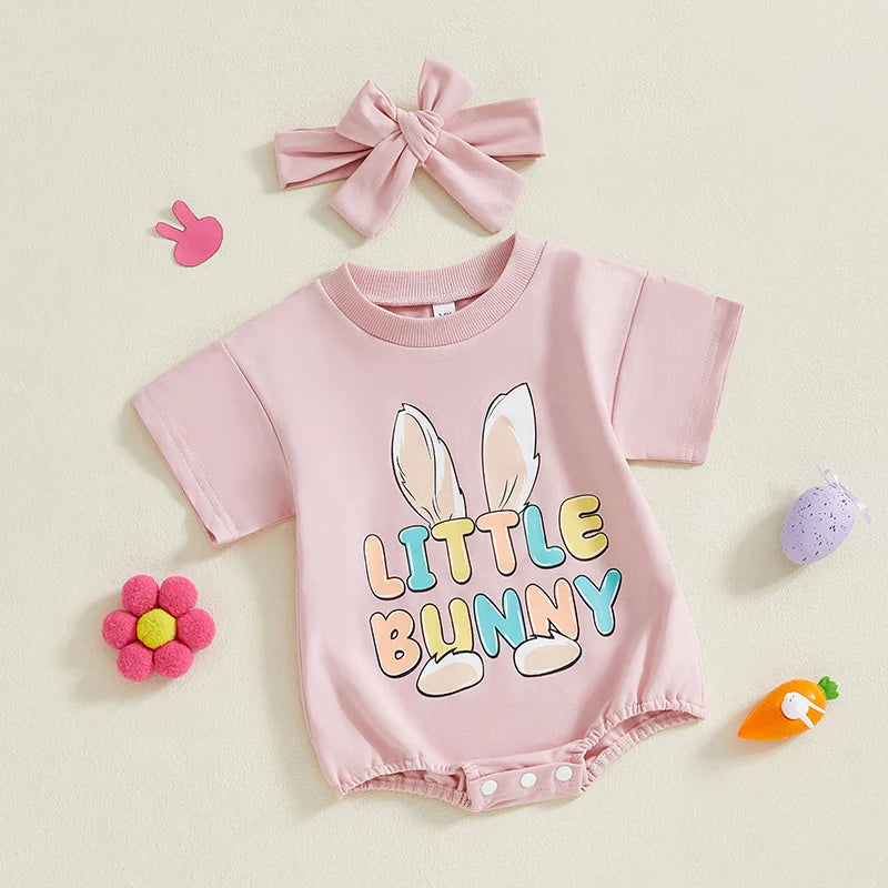 Adorable Toddler Easter Bunny Romper Set with Matching Headband - Cute Short Sleeve Letter Print Jumpsuit for Baby Girl