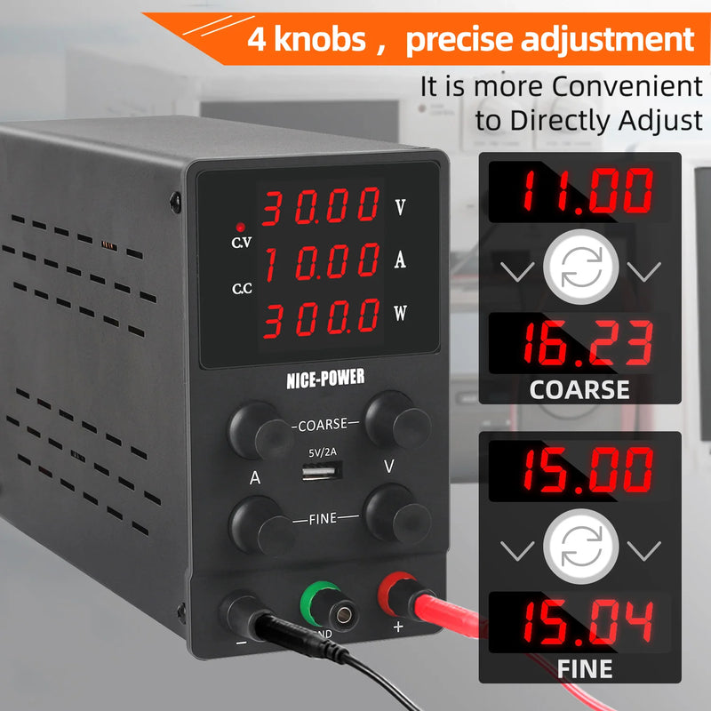 Nice-power 30V 10A Lab Adjustable DC Power Supply with 4-Digit LED Display; USB-A Fast Charge with Potentiometer; Bench source