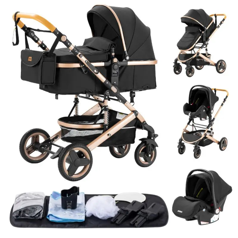 Luxury Baby Stroller 3 in 1 Portable Travel Baby Carriage Fold Pram High Landscape Aluminum Frame Newborn Infant Stroller