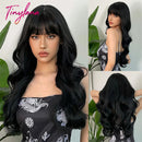 Burgundy Dark Red Synthetic Wigs Long Wavy Wine Red Cosplay Wig with Bangs for Women Natural Body Wave Halloween Heat Resistant