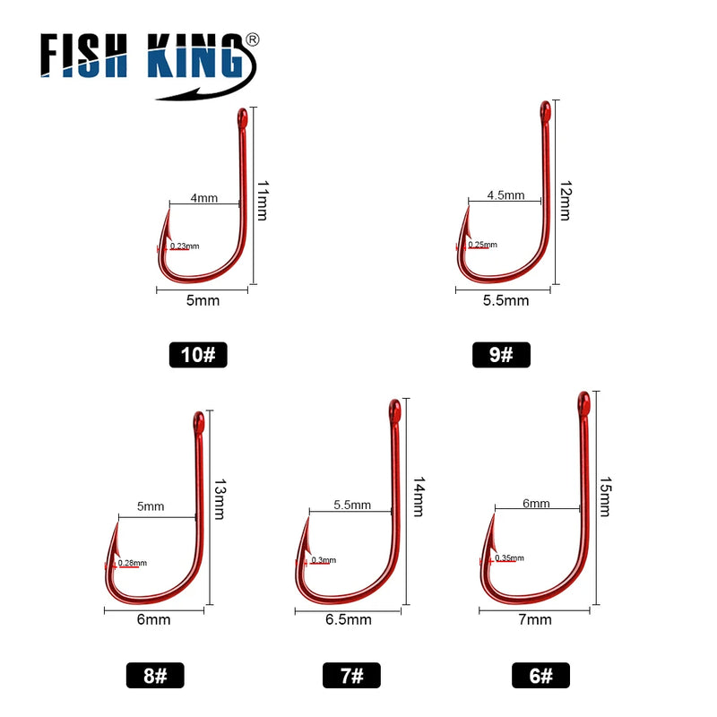 FISH KING 50pcs-100pcs Fishing Hook 6#-10# Barbed High Carbon Steel Red With eyes Bent Baitholder Ringed Carp Hook Tackle