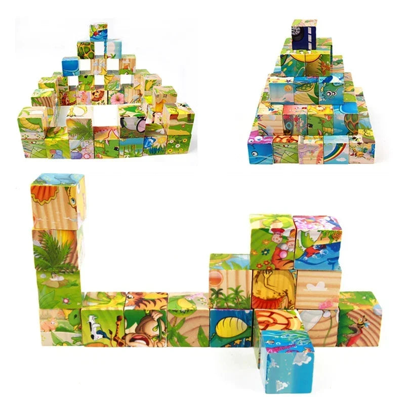 3D cube Wooden puzzle children's nine pieces six-sided wooden block tray children's Montessori learning educational puzzle toys