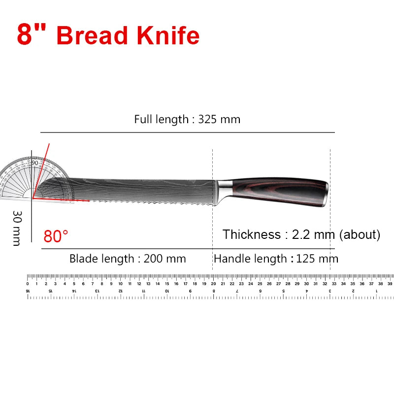 8 Inches Bread Knife Chef Cut Meat Cheese Toast Fish Fruit Knife Laser Damascus Knives Wooden Handle Professional Kitchen Knives